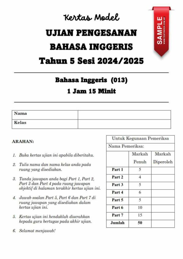 Ujian Diagnostik bahasa Inggeris Tahun 5 2024-2025