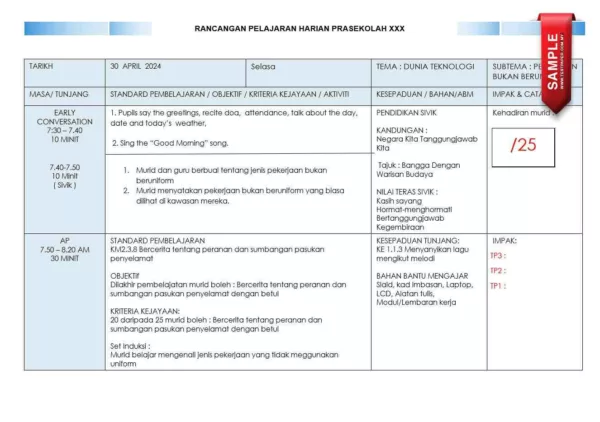 Bahan RPH Prasekolah Minggu 8 (Pekerjaan Bukan Uniform)