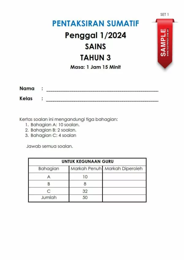 Himpunan Kertas Ujian Sumatif Tahun 3 Penggal 1 2024 Terkini