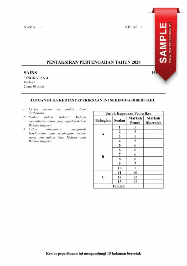 Bahan Soalan Ujian Pertengahan Tahun Sains Tingkatan 4 2024 yang Amazing