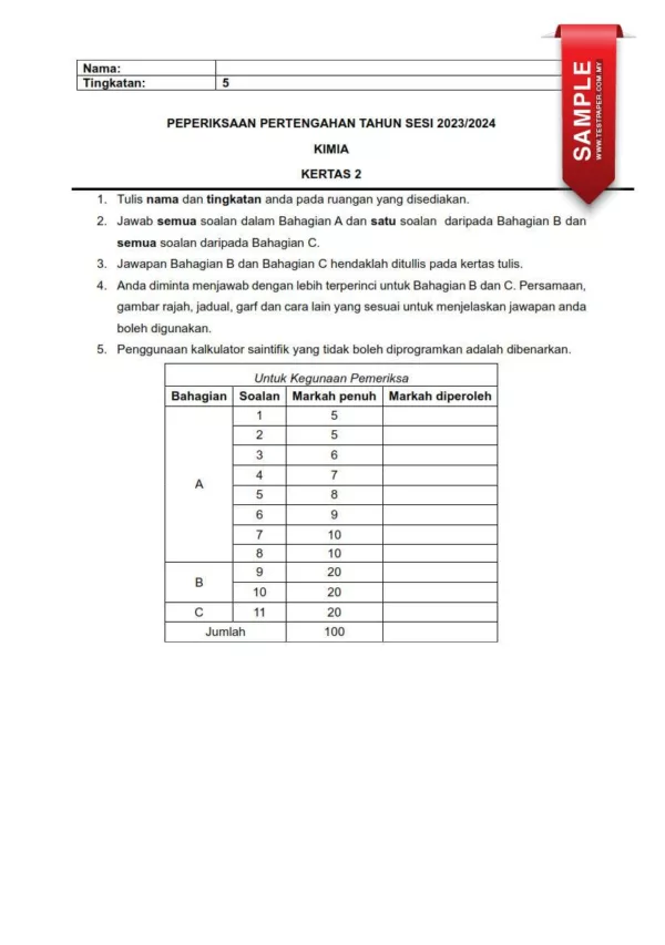 Download Soalan Ujian Pertengahan Tahun Kimia Tingkatan 5 2024 yang Best