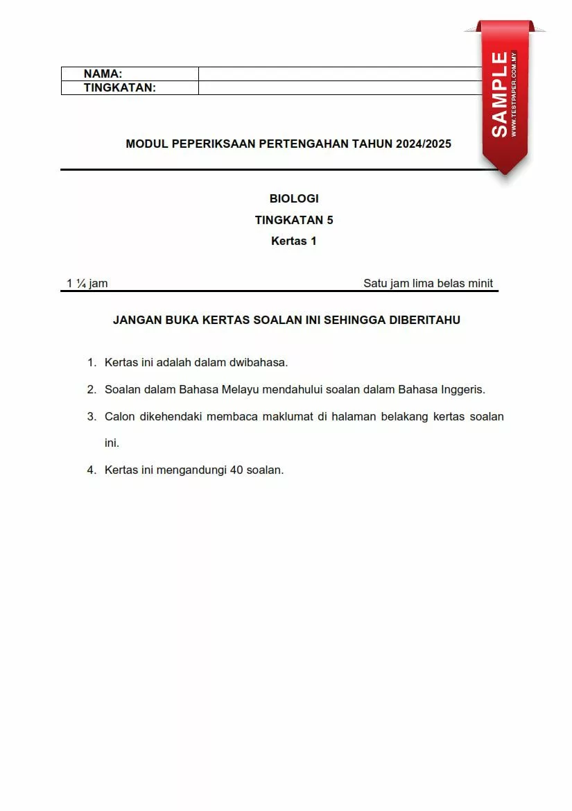 Ujian Pertengahan Tahun Biologi Tingkatan 5 2024