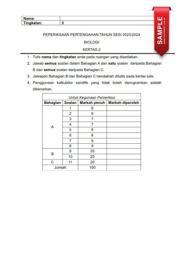 Ujian Pertengahan Tahun Biologi Tingkatan 5 2024