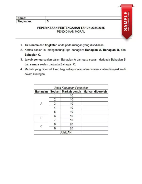 Download Soalan Ujian Pertengahan Tahun Moral Tingkatan 5 2024 yang Smart