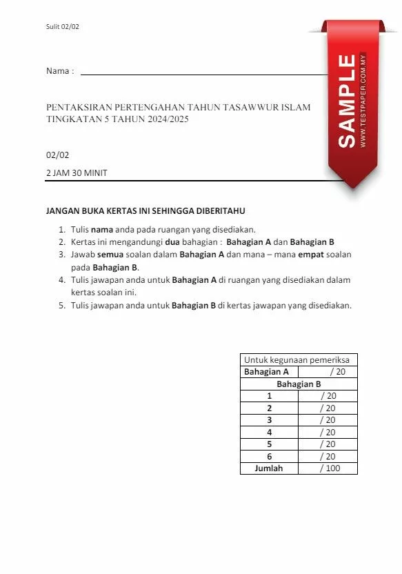 Download Soalan Ujian Pertengahan Tahun Tasawur Islam Tingkatan 5 2024 yang Champion