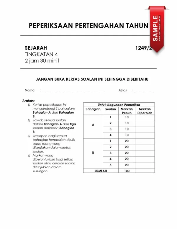 Soalan Ujian Pertengahan Tahun Sejarah Tingkatan 4 2024