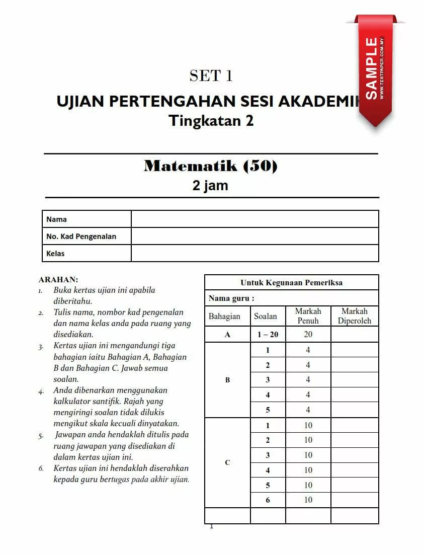 Soalan Ujian Pertengahan Tahun Matematik Tingkatan 2 2024 yang Perfect