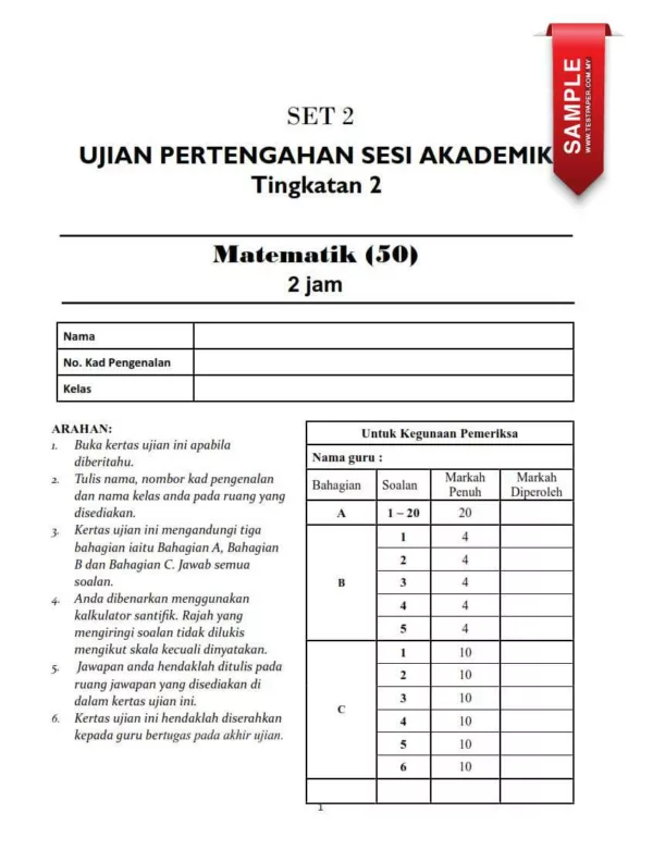 Soalan Ujian Pertengahan Tahun Matematik Tingkatan 2 2024 yang Perfect