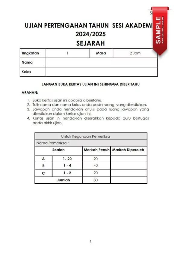 Soalan Ujian Pertengahan Tahun Sejarah Tingkatan 1 2024 yang Smart