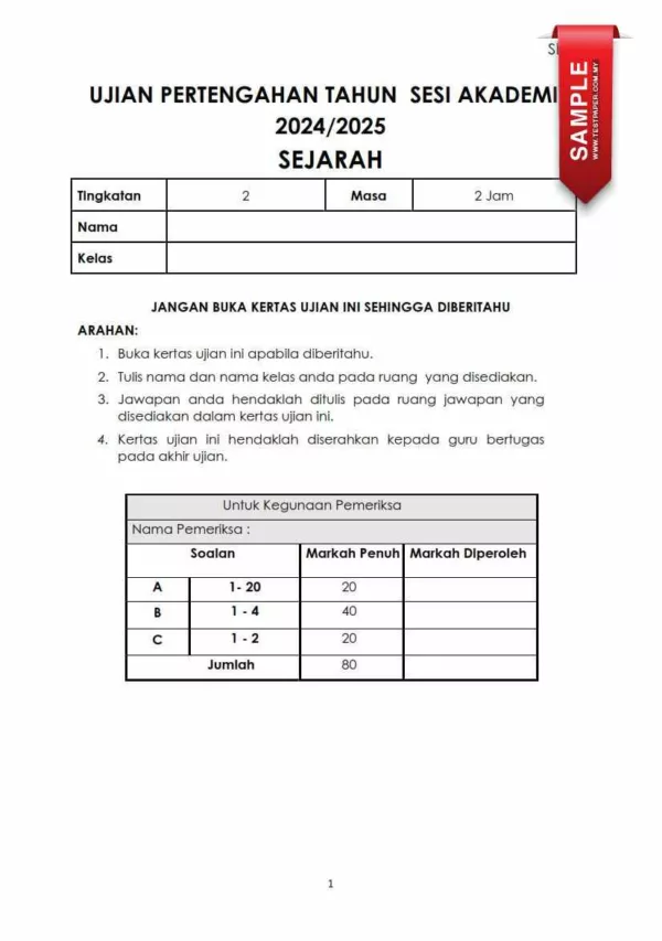 Bahan Ujian Pertengahan Tahun Sejarah Tingkatan 2 2024 untuk Pelajar Champion