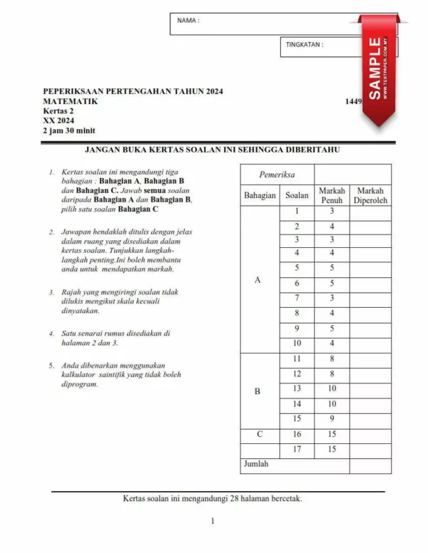 Bahan Ujian Pertengahan Tahun Matematik Tingkatan 4 2024 yang Awesome