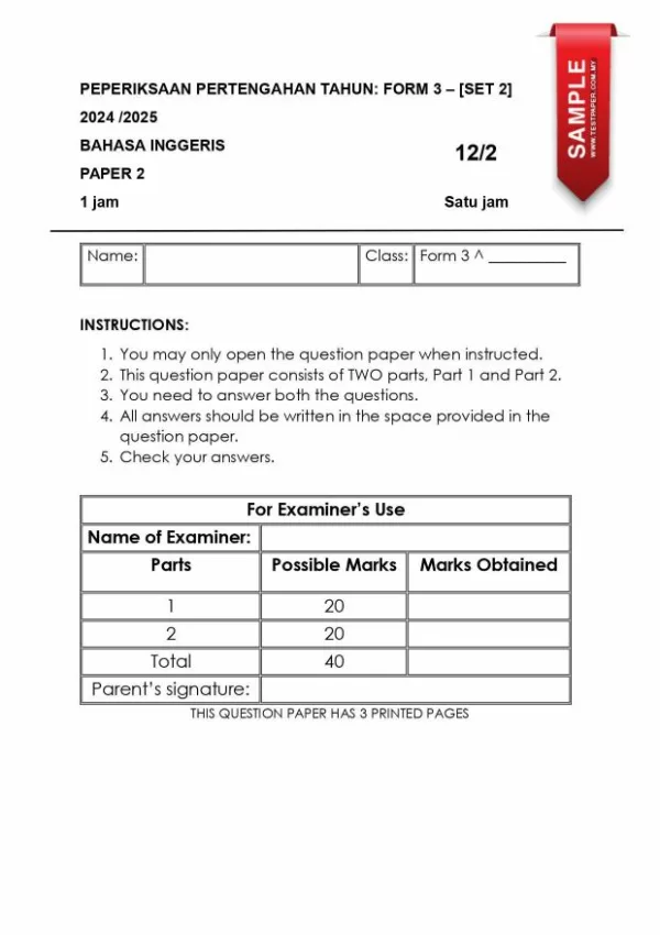 Ujian Pertengahan Tahun Inggeris Tingkatan 3 2024