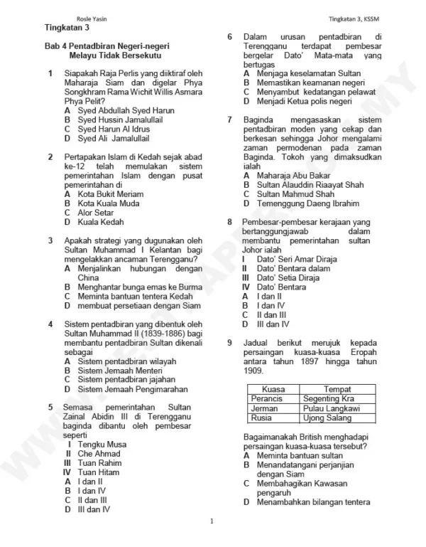 Soalan Latihan Topikal Sejarah Tingkatan 1-3