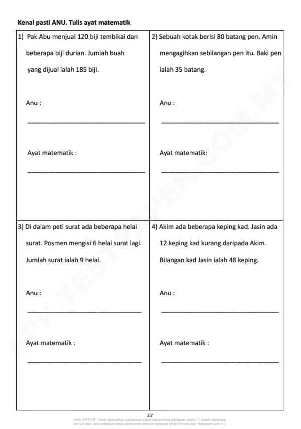 Soalan Latihan Topikal Matematik Tahun 3