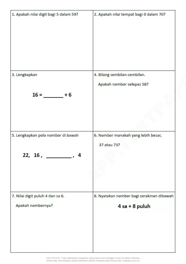 Soalan Latihan Topikal Matematik Tahun 1 KSSR