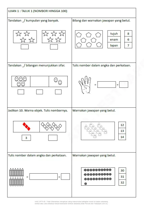Soalan Latihan Topikal Matematik Tahun 1 KSSR