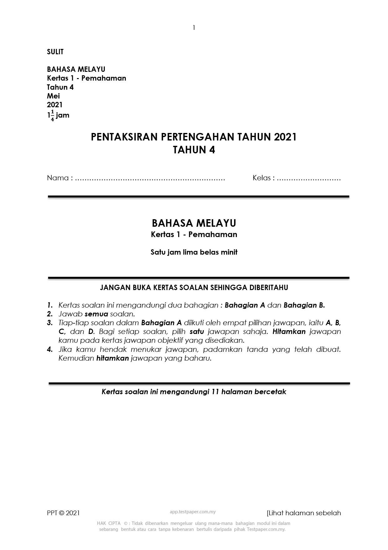 Soalan Ujian Pertengahan Tahun 4 2021