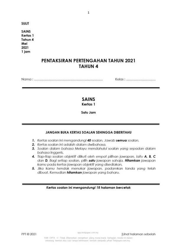 Soalan Ujian Pertengahan Tahun 4 2021