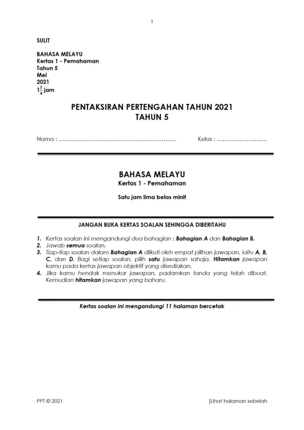 Soalan Ujian Pertengahan Tahun 5 2021