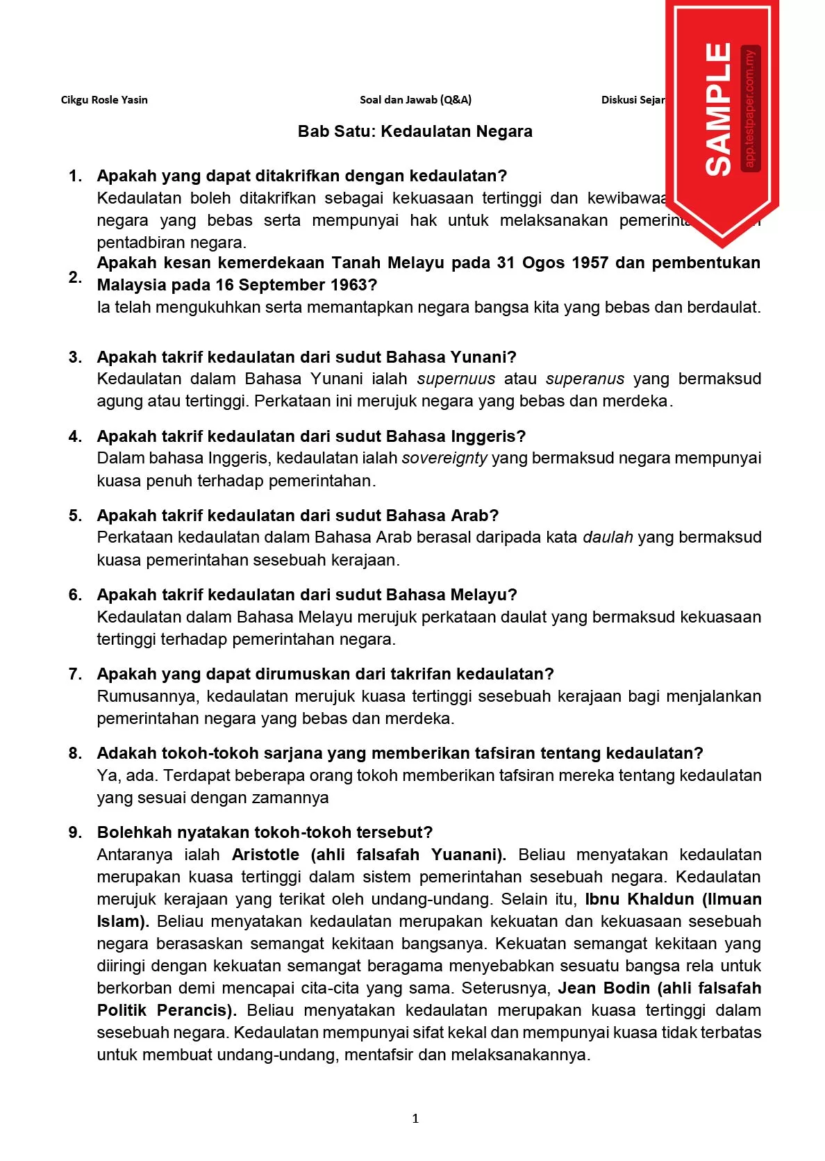 Nota Soal Jawab Sejarah Tingkatan 5 KSSM