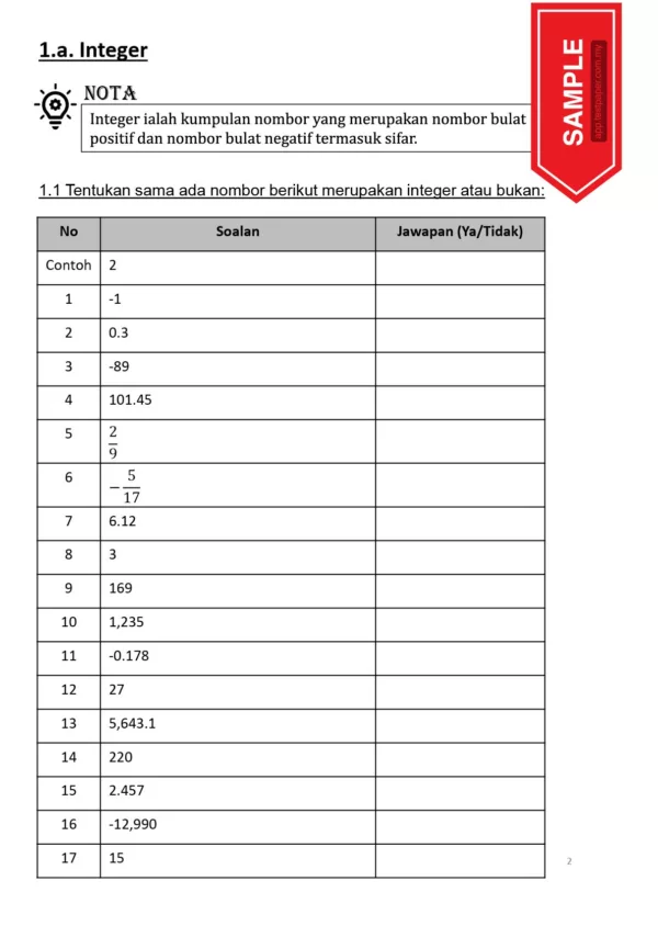 Soalan Latihan Topikal Matematik Tingkatan 1 Bab 1-3 Jilid 2