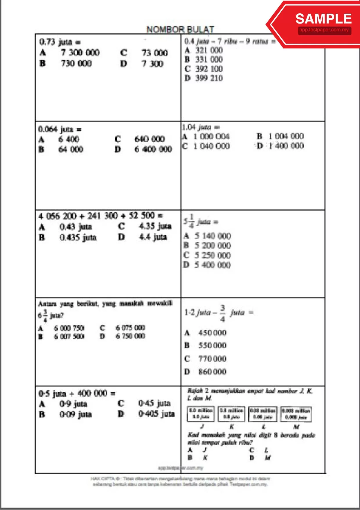 Bahan Soalan Latihan Topikal Matematik Tahun 4-6 Bab 1-8 yang Awesome