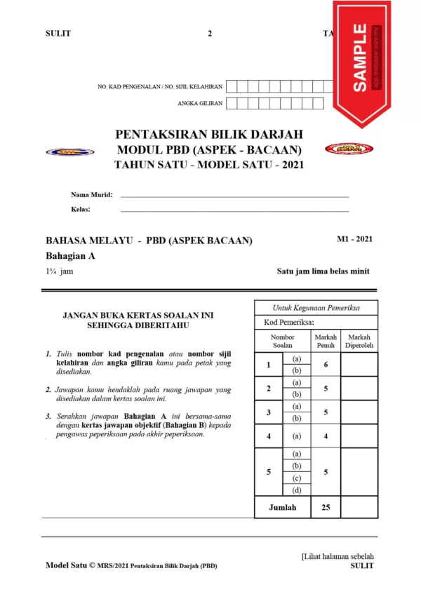 Soalan Latihan PBD BM Tahap 1