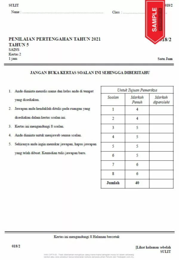 Soalan Latihan Topikal Sains Tahun 5 DLP KSSR