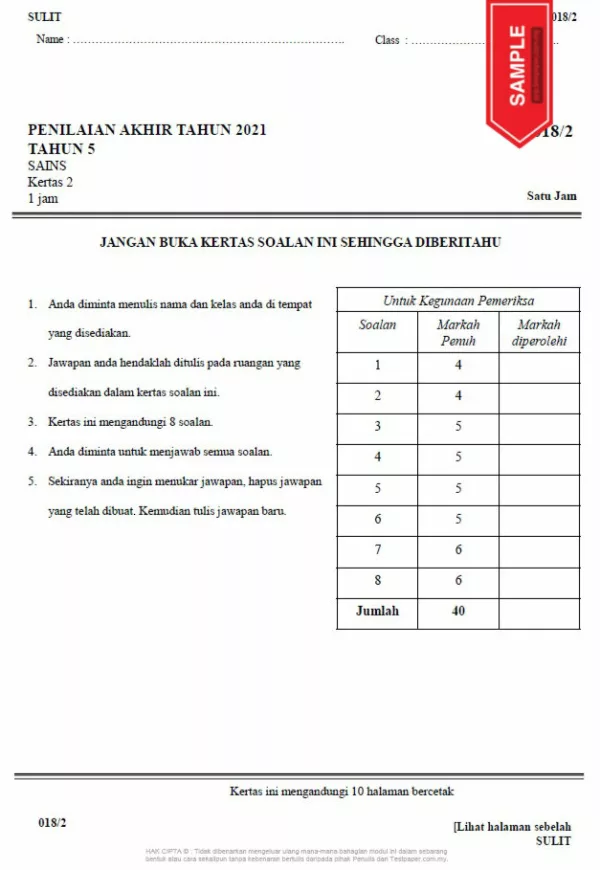 Soalan Latihan Topikal Sains Tahun 5 DLP KSSR