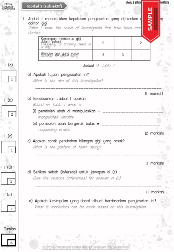 Soalan Latihan Topikal Sains Tahun 5 DLP KSSR