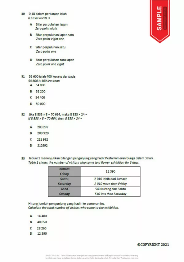 Soalan Ujian Pertengahan Tahun Sains dan Matematik Tahun 4 2021