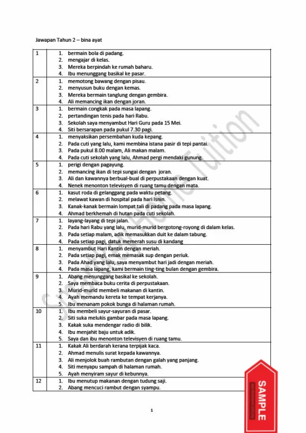 Soalan Latihan Bina Ayat dan Penulisan BM Tahun 2