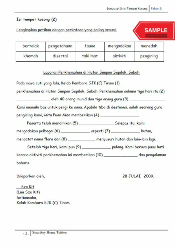 Soalan Latihan Bina Ayat dan Penulisan BM Tahun 3