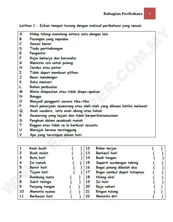 Soalan Latihan Peribahasa BM Tahun 6 SJK