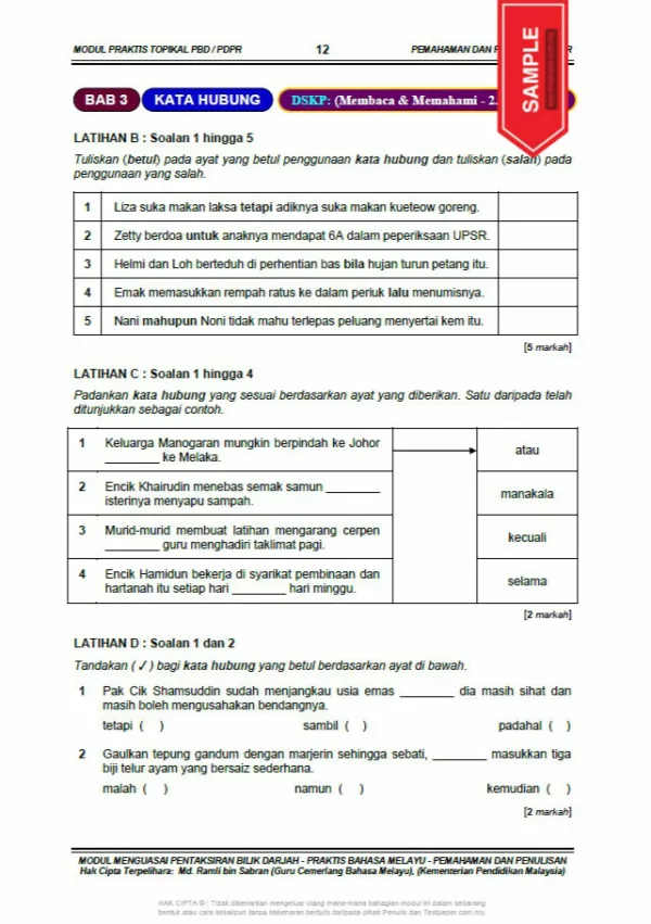 Soalan Latihan BM PBD dan PDPR Tahun 4-6