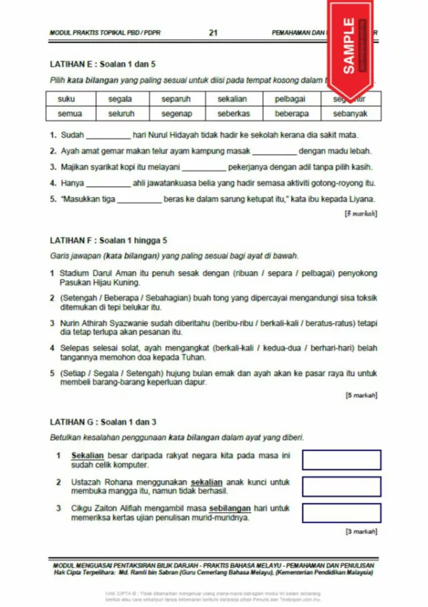 Soalan Latihan BM PBD dan PDPR Tahun 4-6