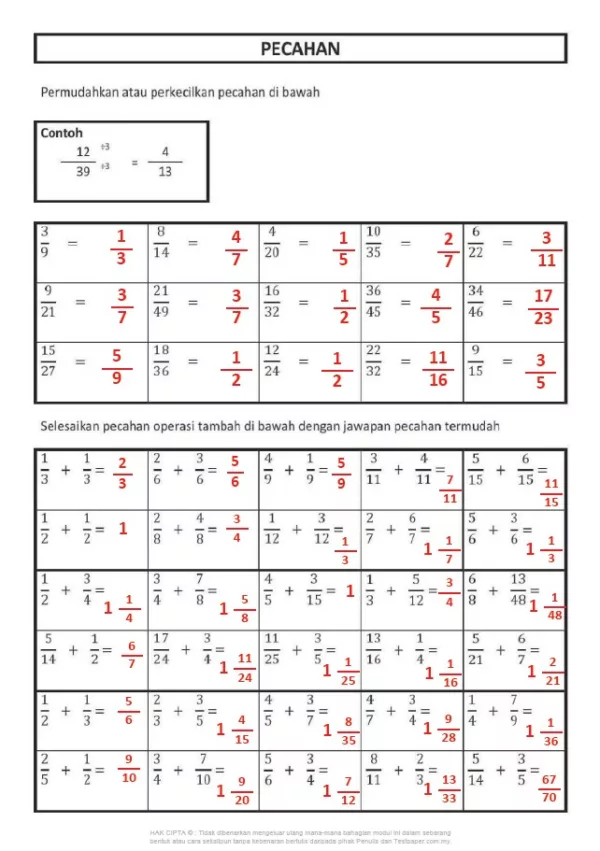 Soalan Latih Tubi Matematik Bab Pecahan Tahun 5 dan 6