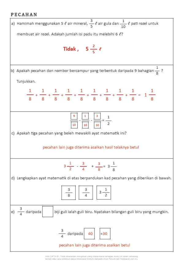 Soalan Latih Tubi Matematik Bab Pecahan Tahun 5 dan 6