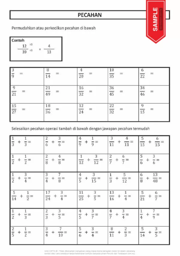 Soalan Latih Tubi Matematik Bab Pecahan Tahun 5 dan 6