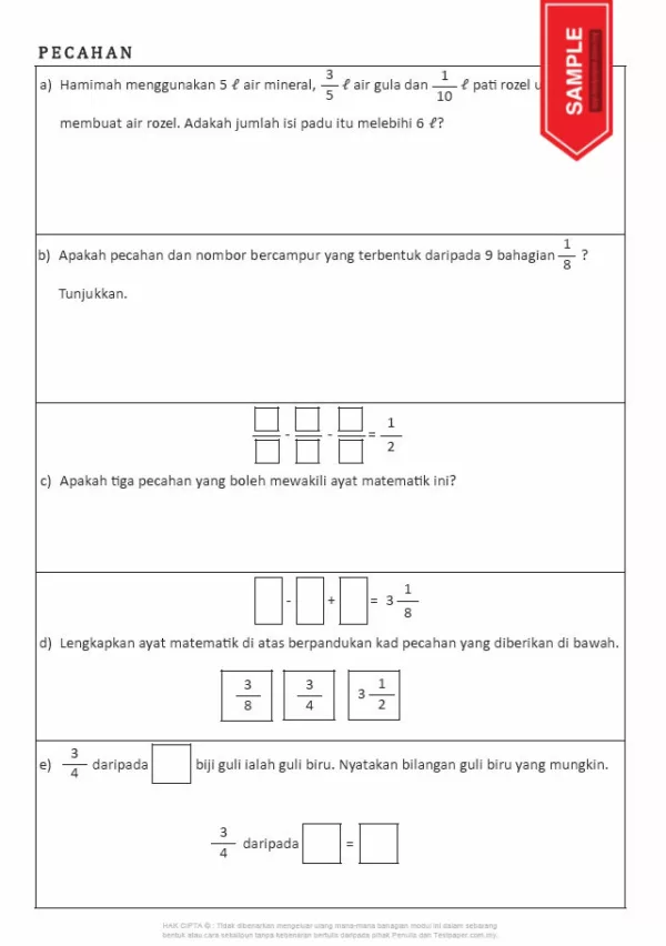 Soalan Latih Tubi Matematik Bab Pecahan Tahun 5 dan 6