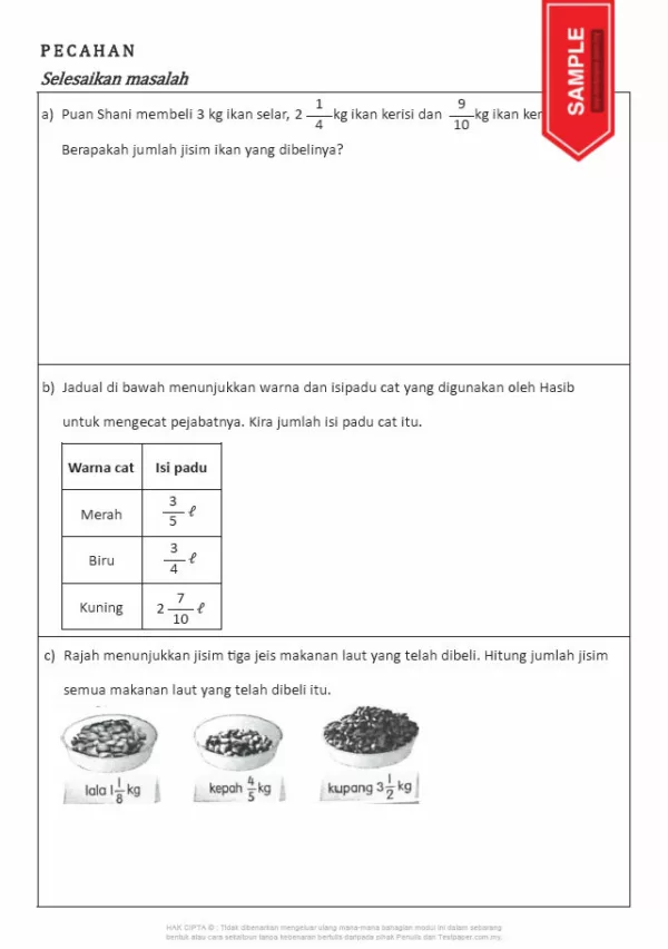 Soalan Latih Tubi Matematik Bab Pecahan Tahun 5 dan 6