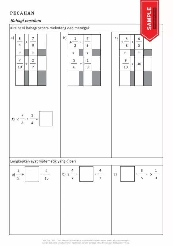 Soalan Latih Tubi Matematik Bab Pecahan Tahun 5 dan 6