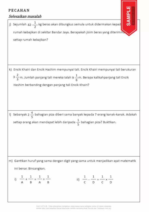 Soalan Latih Tubi Matematik Bab Pecahan Tahun 5 dan 6