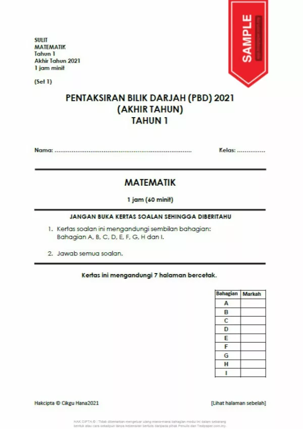 Soalan Ujian PBD Akhir Tahun 1 2021