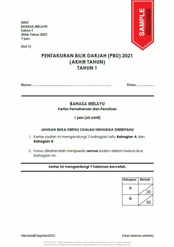 Soalan Ujian PBD Akhir Tahun 1 2021