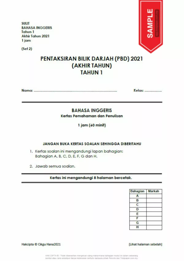 Soalan Ujian PBD Akhir Tahun 1 2021