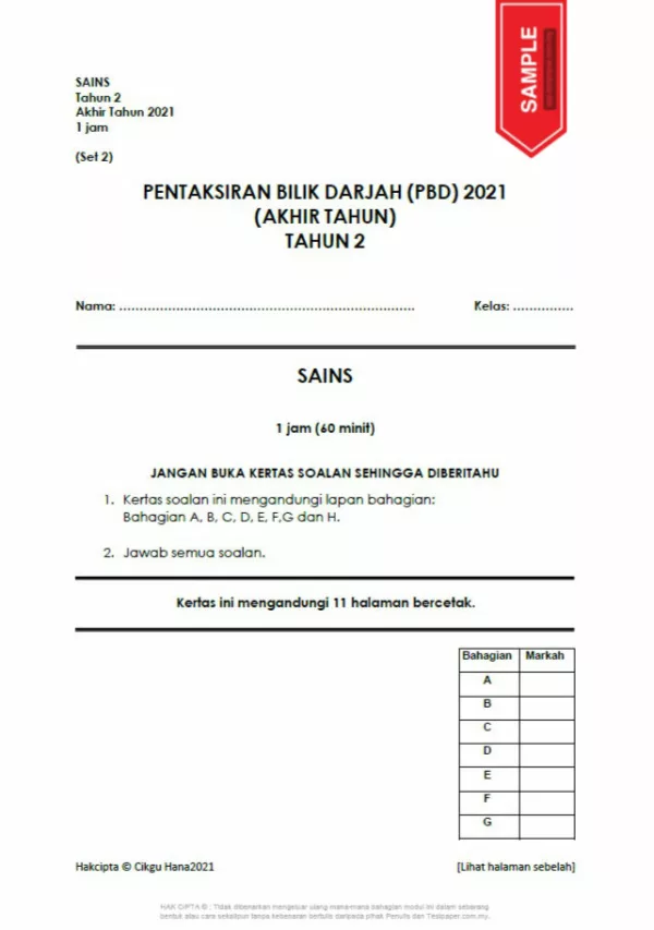 Soalan Ujian PBD Akhir Tahun Tahun 2 2021