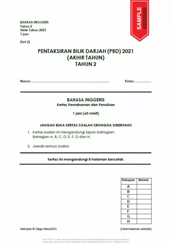 Soalan Ujian PBD Akhir Tahun Tahun 2 2021