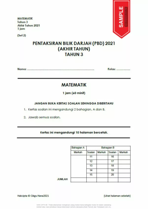 Soalan Ujian PBD Akhir Tahun Tahun 3 2021