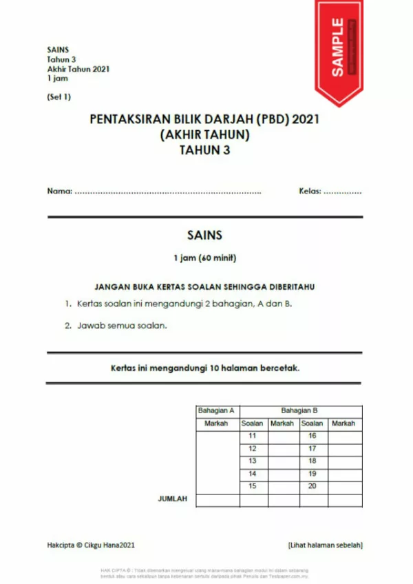 Soalan Ujian PBD Akhir Tahun Tahun 3 2021